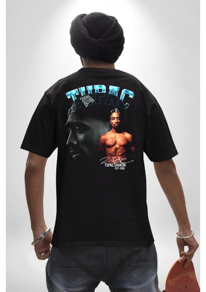 Tupac Müzik Pamuklu Kadın Erkek Oversize Sırt Dijital Baskılı Siyah T-Shirt indirimleri