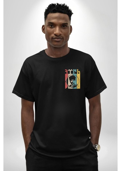Atatürk Imzalı Türk Logo Siyah Oversize Kadın Erkek Ön Sol Yan Minimal Baskılı Tişört
