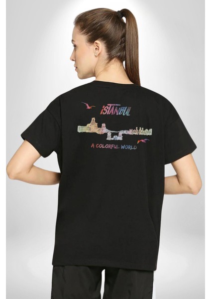 Istanbul Özel Tasarım Pamuklu Kadın Erkek Oversize Sırt Dijital Baskılı Siyah T-Shirt