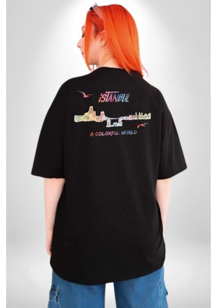 Istanbul Özel Tasarım Pamuklu Kadın Erkek Oversize Sırt Dijital Baskılı Siyah T-Shirt modelleri