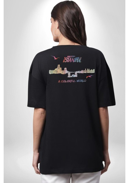Istanbul Özel Tasarım Pamuklu Kadın Erkek Oversize Sırt Dijital Baskılı Siyah T-Shirt fırsatları
