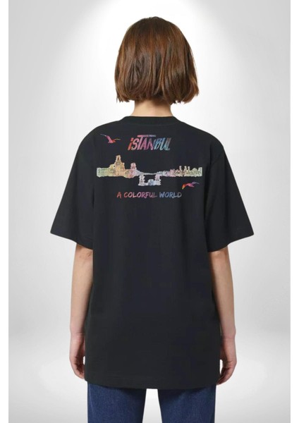 Istanbul Özel Tasarım Pamuklu Kadın Erkek Oversize Sırt Dijital Baskılı Siyah T-Shirt indirimleri
