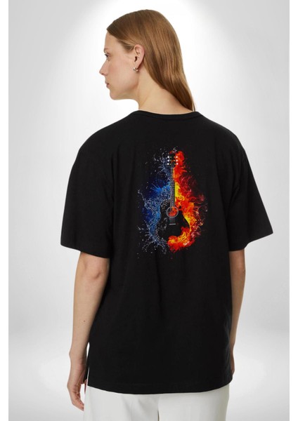 Ateşli Gitar Su Ve Ateş Pamuklu Kadın Erkek Oversize Sırt Dijital Baskılı Siyah T-Shirt