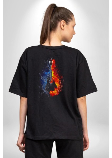Ateşli Gitar Su Ve Ateş Pamuklu Kadın Erkek Oversize Sırt Dijital Baskılı Siyah T-Shirt