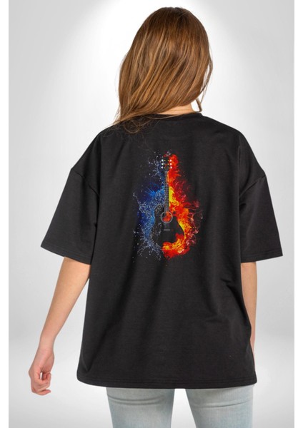 Ateşli Gitar Su Ve Ateş Pamuklu Kadın Erkek Oversize Sırt Dijital Baskılı Siyah T-Shirt