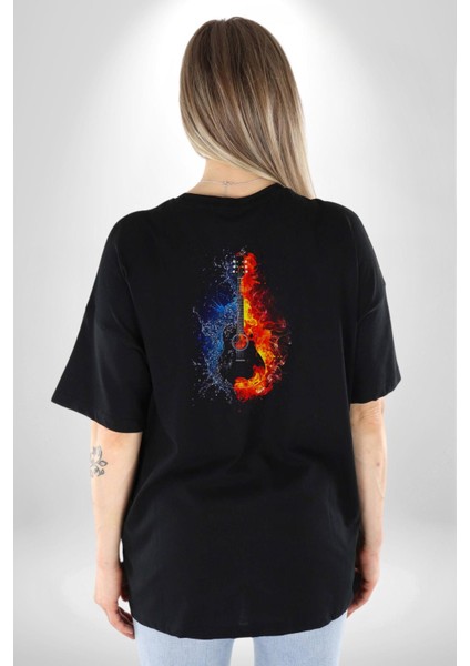 Ateşli Gitar Su Ve Ateş Pamuklu Kadın Erkek Oversize Sırt Dijital Baskılı Siyah T-Shirt