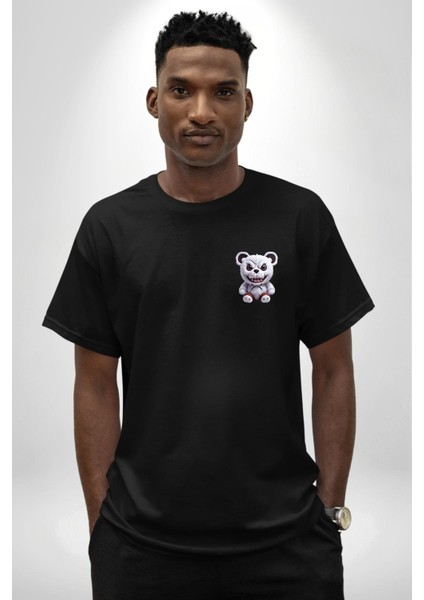 Freddy Korkunç Ayı Siyah Oversize Kadın Erkek Ön Sol Yan Minimal Baskılı Tişört