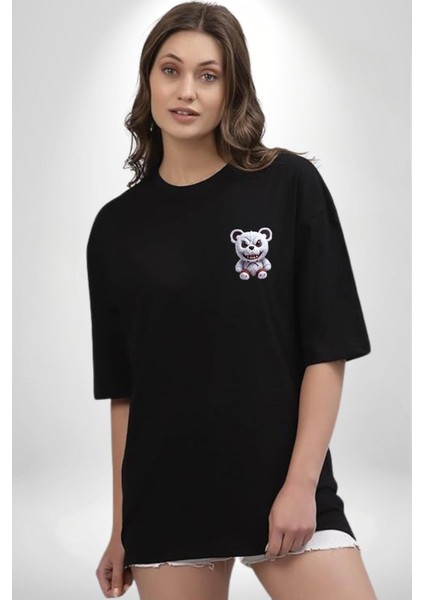Freddy Korkunç Ayı Siyah Oversize Kadın Erkek Ön Sol Yan Minimal Baskılı Tişört indirimleri