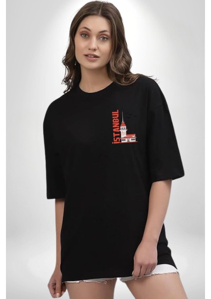 Istanbul Kız Kulesi Türkiye Siyah Oversize Kadın Erkek Ön Sol Yan Minimal Baskılı Tişört modelleri