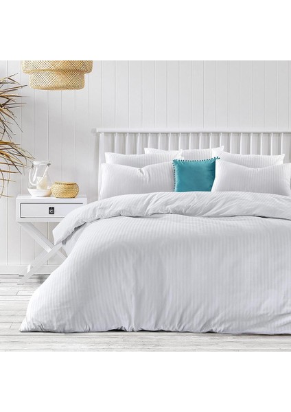 Satria Çift Kişilik Nevresim Takımı - Pamuk Saten Çizgili, %100 Pamuk, 200 x 220 cm Krem