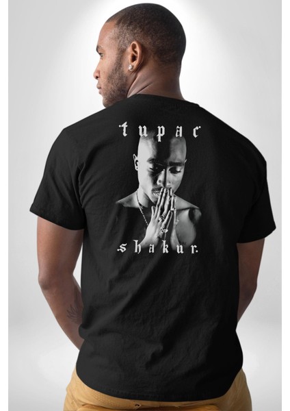 Tupac Shakur Şarkıcı Pamuklu Kadın Erkek Oversize Sırt Dijital Baskılı Siyah T-Shirt