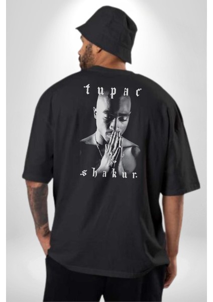 Tupac Shakur Şarkıcı Pamuklu Kadın Erkek Oversize Sırt Dijital Baskılı Siyah T-Shirt fiyatları