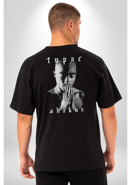 Tupac Shakur Şarkıcı Pamuklu Kadın Erkek Oversize Sırt Dijital Baskılı Siyah T-Shirt modelleri