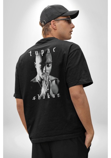 Tupac Shakur Şarkıcı Pamuklu Kadın Erkek Oversize Sırt Dijital Baskılı Siyah T-Shirt fırsatları