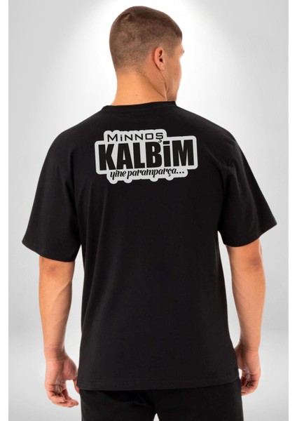 Minoş Kalbim Yine Paramparça Yazılı Pamuklu Kadın Erkek Oversize Sırt Dijital Baskılı Siyah T-Shirt fiyatları