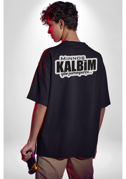 Minoş Kalbim Yine Paramparça Yazılı Pamuklu Kadın Erkek Oversize Sırt Dijital Baskılı Siyah T-Shirt indirimleri