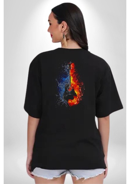 Ateşli Gitar Su Ve Ateş Pamuklu Kadın Erkek Oversize Sırt Dijital Baskılı Siyah T-Shirt
