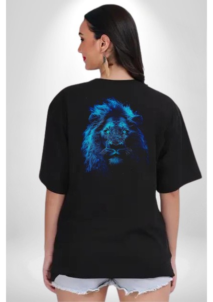 Aslan Mavi Gözlü Pamuklu Kadın Erkek Oversize Sırt Dijital Baskılı Siyah T-Shirt