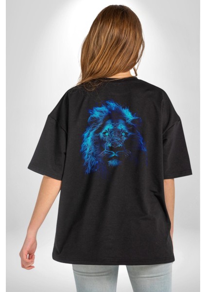 Aslan Mavi Gözlü Pamuklu Kadın Erkek Oversize Sırt Dijital Baskılı Siyah T-Shirt modelleri
