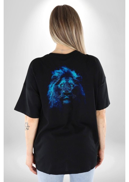 Aslan Mavi Gözlü Pamuklu Kadın Erkek Oversize Sırt Dijital Baskılı Siyah T-Shirt fırsatları