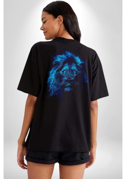 Aslan Mavi Gözlü Pamuklu Kadın Erkek Oversize Sırt Dijital Baskılı Siyah T-Shirt indirimleri