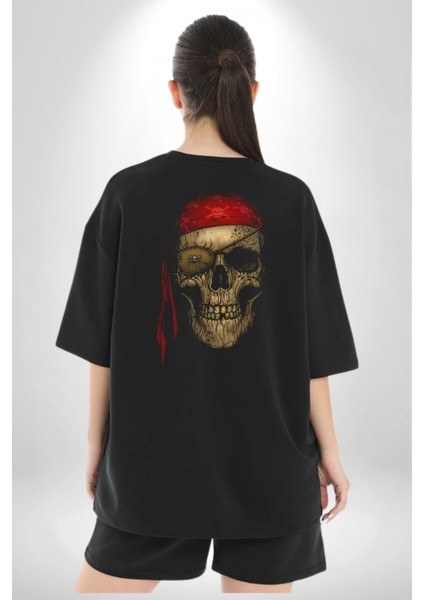Karayip Korsan Kurukafa Pamuklu Kadın Erkek Oversize Sırt Dijital Baskılı Siyah T-Shirt
