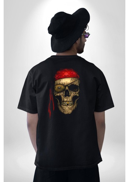 Karayip Korsan Kurukafa Pamuklu Kadın Erkek Oversize Sırt Dijital Baskılı Siyah T-Shirt