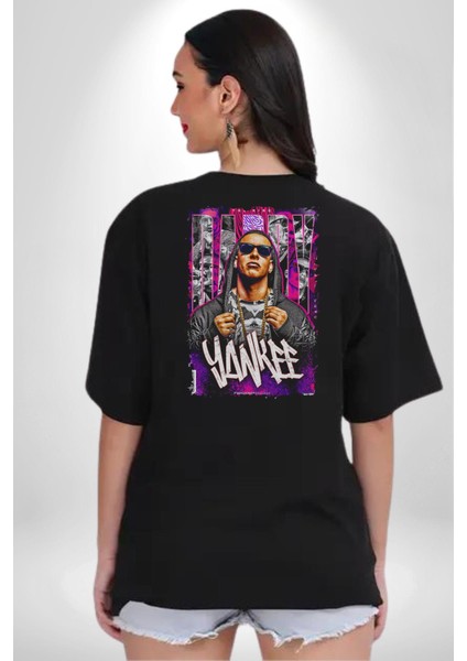 Daddy Yankee Müzik Star Pamuklu Kadın Erkek Oversize Sırt Dijital Baskılı Siyah T-Shirt