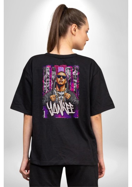 Daddy Yankee Müzik Star Pamuklu Kadın Erkek Oversize Sırt Dijital Baskılı Siyah T-Shirt