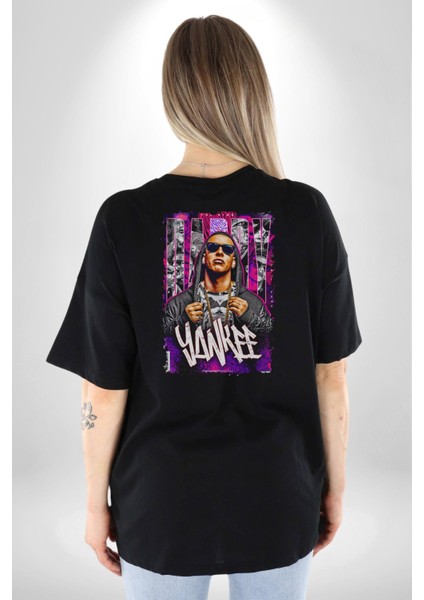 Daddy Yankee Müzik Star Pamuklu Kadın Erkek Oversize Sırt Dijital Baskılı Siyah T-Shirt