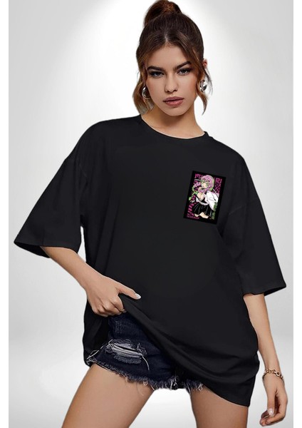 Anime Demon Slayer Kimetsu No Yaiba Mitsuri Kanroji Siyah Oversize Kadın Erkek Ön Sol Yan Minimal Baskılı Tişört
