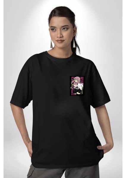 Anime Demon Slayer Kimetsu No Yaiba Mitsuri Kanroji Siyah Oversize Kadın Erkek Ön Sol Yan Minimal Baskılı Tişört modelleri