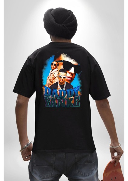 Daddy Yanke Pamuklu Kadın Erkek Oversize Sırt Dijital Baskılı Siyah T-Shirt