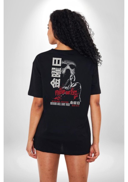 13. Cuma Korku Film Pamuklu Kadın Erkek Oversize Sırt Dijital Baskılı Siyah T-Shirt
