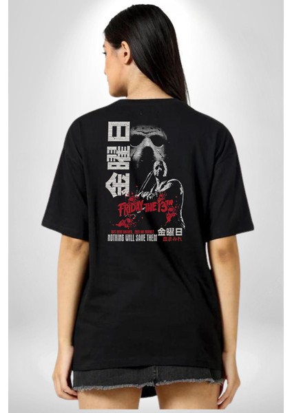 13. Cuma Korku Film Pamuklu Kadın Erkek Oversize Sırt Dijital Baskılı Siyah T-Shirt modelleri