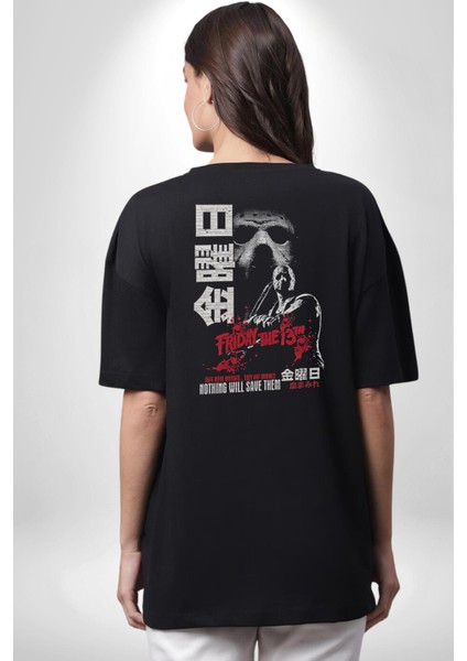 13. Cuma Korku Film Pamuklu Kadın Erkek Oversize Sırt Dijital Baskılı Siyah T-Shirt indirimleri