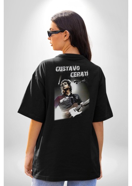 Gustavo Cerati Müzik Pamuklu Kadın Erkek Oversize Sırt Dijital Baskılı Siyah T-Shirt
