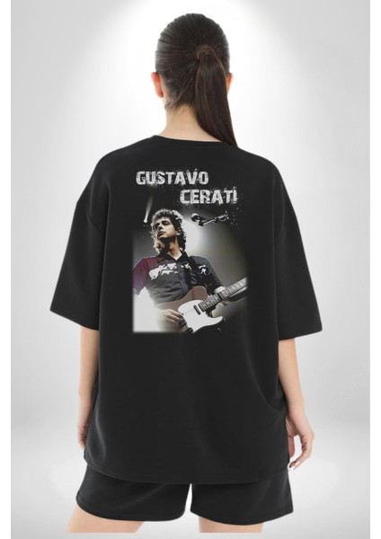 Gustavo Cerati Müzik Pamuklu Kadın Erkek Oversize Sırt Dijital Baskılı Siyah T-Shirt modelleri