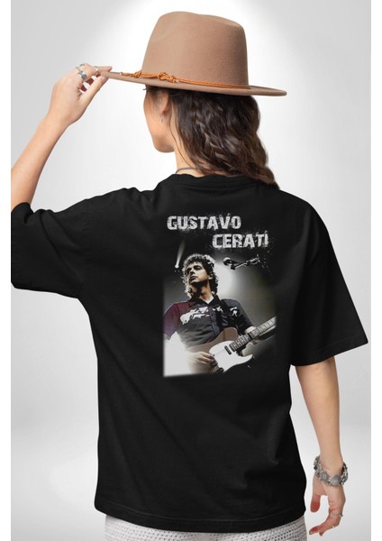 Gustavo Cerati Müzik Pamuklu Kadın Erkek Oversize Sırt Dijital Baskılı Siyah T-Shirt fırsatları