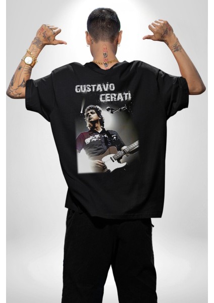 Gustavo Cerati Müzik Pamuklu Kadın Erkek Oversize Sırt Dijital Baskılı Siyah T-Shirt indirimleri