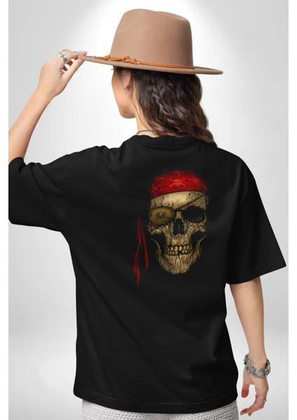 Karayip Korsan Kurukafa Pamuklu Kadın Erkek Oversize Sırt Dijital Baskılı Siyah T-Shirt