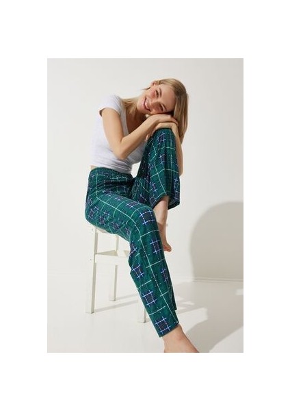 Desenli Yumuşak Dokulu Örme Pijama Altı Koyu Yeşil fiyatları