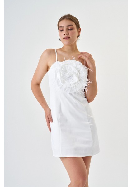 Pamuk Saten Kumaş Mini Boy Gül Detaylı Askılı Abiye Elbise