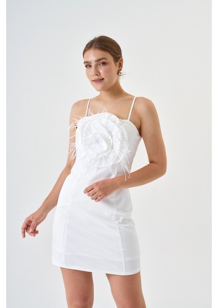 Pamuk Saten Kumaş Mini Boy Gül Detaylı Askılı Abiye Elbise modelleri