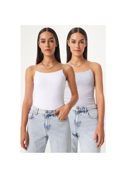 Ikili Ip Askılı Örme Bluz Beyaz Gri