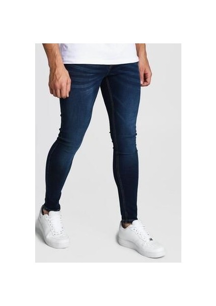 Erkek Lacivert Slim Fit Likralı Dar Paça Kot Pantolon Denim Jean