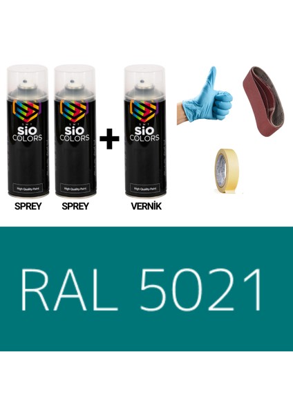 2 Adet Sprey+1 Adet Vernik Su Mavi RAL-5021 Sprey Boya Seti 400 Ml+Zımpara+Kağıtbant+Eldiven