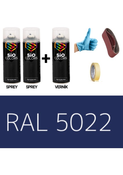 2 Adet Sprey+1 Adet Vernik Gece Mavi RAL-5022 Sprey Boya Seti 400 Ml+Zımpara+Kağıtbant+Eldiven