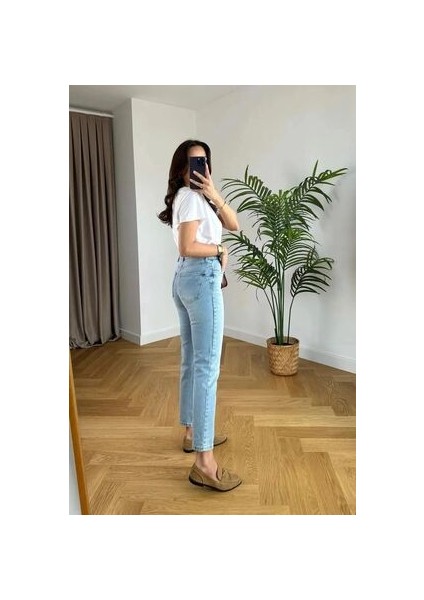 Penolope Kadın Leen Kadın Yüksek Bel Mavi Kar Yıkama Likralı Mom Jeans Pantolon modelleri