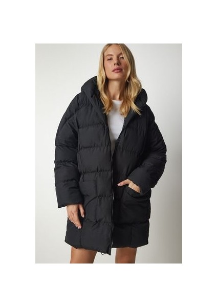 Kapüşonlu Oversize Şişme Kaban Siyah